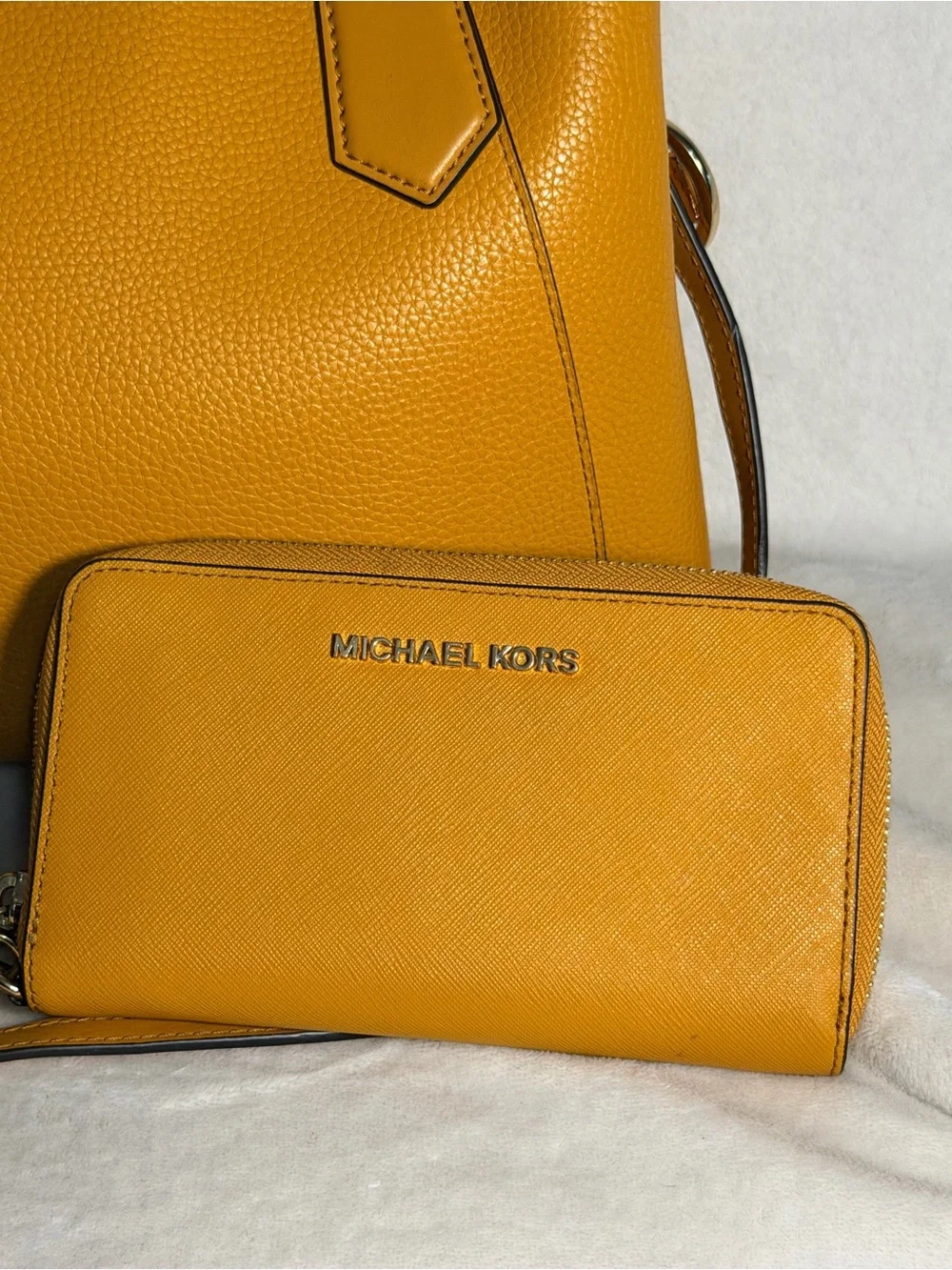 Michael Kors Mustard Yellow Leather Satchel Bag + Zip Wallet Set With Dust Bag